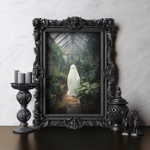 Botanical Greenhouse Spooky Ghost Poster, Vintage Horror Wall Art, Haunted House, Dark Academia Prints, Gothic Victorian, Halloween Decor