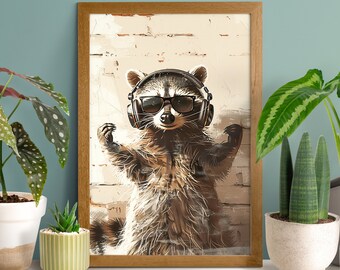 Poster Groovy Tunes Raccoon Vibes, Divertente panda spazzatura, DJ procione, Stampa di un simpatico procione, Asilo nido con animali selvatici, Decorazione con animali, Arte murale per amanti della musica