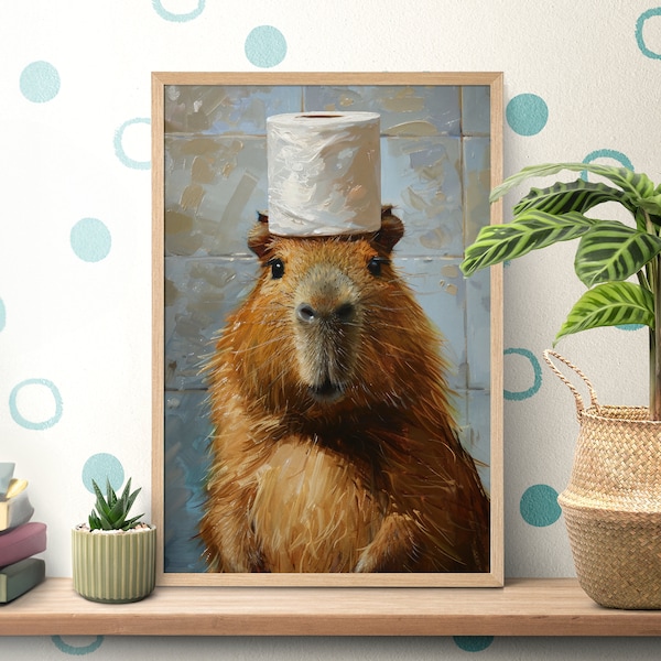 Bathroom Toilet Paper Capybara Poster, Funny Capybara Gift, Oil Paints, Wild Animals Portrait, Toilet Wall Art, Capybara Lover, Bath Decor