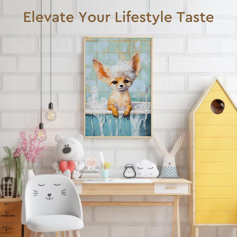 May include: A framed illustration of a fox taking a bath in a bathtub with bubbles. The fox is wearing a white towel on its head. The illustration is in a light blue and green color scheme. The frame is wooden and has a light brown finish.