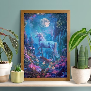 Einhorn Poster, Waldposter, Waldposter, Verzauberte Gartendekoration, Verzauberte Natur Wandbild, Wildtiere