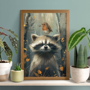 Poster allegro di procione e uccello, stampa divertente di panda spazzatura, vivaio di animali selvatici, decorazione di uccelli della foresta, arte murale di animali selvatici, amante del procione, uccellino