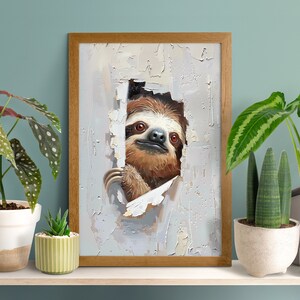 May include: A painting of a brown and white sloth peeking out of a hole in a wall. The sloth has a curious expression on its face and its claws are visible.