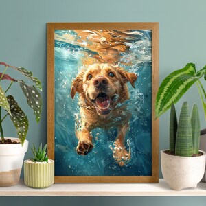 Può includere: Un golden retriever nuota sott'acqua con la bocca aperta e la lingua di fuori. Il cane è circondato da acqua blu con bolle.