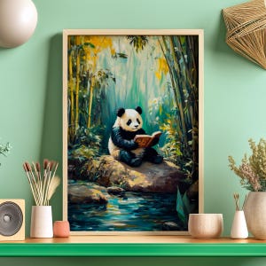 Bookworm Panda Reading Book Poster, Bamboo Bear Print, Novel Lover, Giant panda, Wildlife Wall Art, Baby Animals Nursery, Forestcore Decor