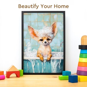 May include: A framed painting of a fox taking a bath in a blue bathtub with white bubbles. The fox has a white soapy head and is looking at the viewer. The painting is set against a blue tiled background.