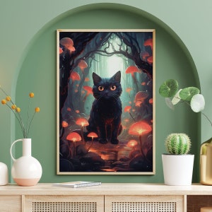 Poster di gattino della foresta di funghi, arte del gatto nero, stampe di poster vintage, decorazioni di Dark Academia, arte murale di un vivaio di funghi, foresta magica mistica