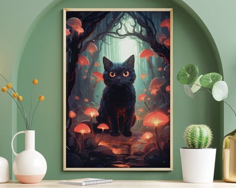 Plakat z kociakiem z lasu grzybowego, sztuka czarnego kota, plakaty vintage, wystrój Dark Academia, dekoracja ścienna do pokoju dziecięcego z grzybami, mistyczny magiczny las
