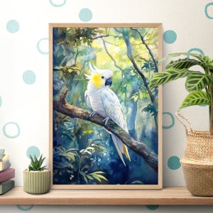Tropical Forest White Cockatoo Poster, Sulphur Crested, Bird Lover, Australian Animal Wall Art, Forestcore Decor, Watercolor Jungle Nursery
