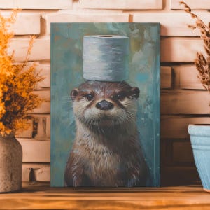 May include: A painting of an otter wearing a toilet paper roll as a hat. The otter is looking directly at the viewer with a serious expression. The background is a light blue color.