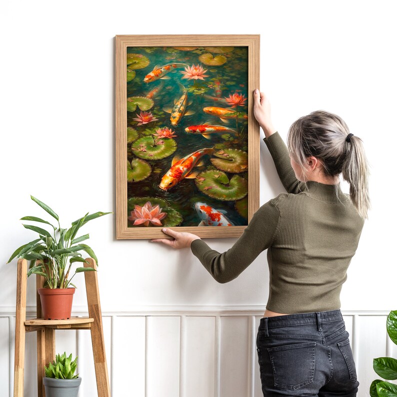 Japanese Koi Fish Poster, Water Lily Pond Art, Oil Painting Original ...