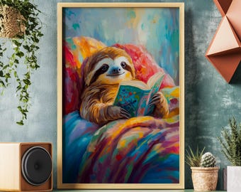 May include: A painting of a sloth reading a book while lying in bed. The sloth is brown and has a relaxed expression. The bed is covered in colorful blankets and pillows. The painting is done in a realistic style with vibrant colors.