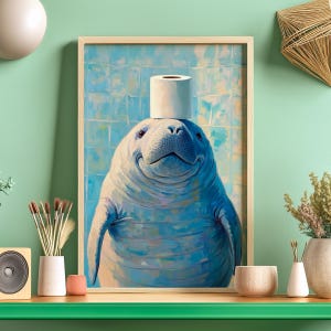 Póster de manatí con papel higiénico para baño, estampado divertido de vaca marina, amante de los trichechus, retrato de mamífero acuático, arte de pared para baño, decoración de cuarto de baño