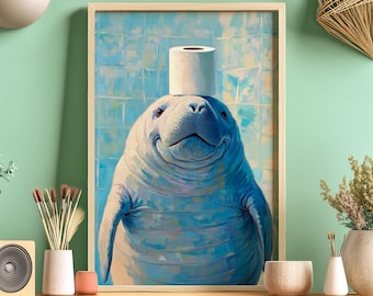 Può includere: Un dipinto di un lamantino che indossa un rotolo di carta igienica come cappello. Il lamantino è blu chiaro e grigio con uno sfondo blu chiaro.