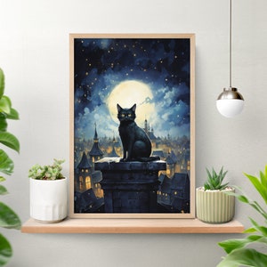 Nachthimmel Katze Poster, Schwarze Katze Art, Aquarell Kitty Malerei, Lustige Kätzchen Druck, Dark Academia, Wohnkultur Poster, Sternenklare Nacht Wandkunst