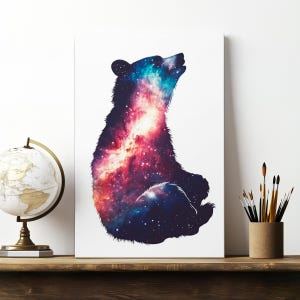 Space Galaxy Bear Silhouette Canvas Wall Art, Matte Stretched 0.75&quot;, Grizzly Bear Print, Astronaut Gift, Milky Way Decor, Cosmic Universe