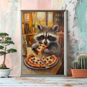 May include: A raccoon sitting at a table in a restaurant, eating a slice of pizza with cheese dripping down. There are two other slices of pizza on a plate in front of the raccoon.