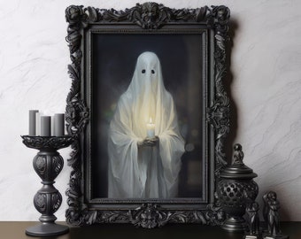 Haunting Ghost Holding Candle Poster, Vintage Horror Print, Spooky Ghost Art, Dark Academia, Gothic Victorian Wall Art, Halloween Home Decor
