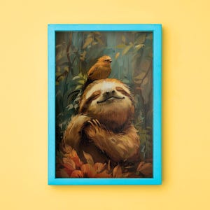 May include: A framed painting of a brown sloth with a small yellow bird perched on its head. The sloth is smiling and has its arms crossed in front of it. The background is a lush green forest with flowers.