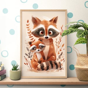 Raccoon Mom And Son Poster, Raccoon Lover Gift, Funny Trash Panda Print, Kids Room Decor, Wildlife Wall Art, Wild Animal Paints, Family Life