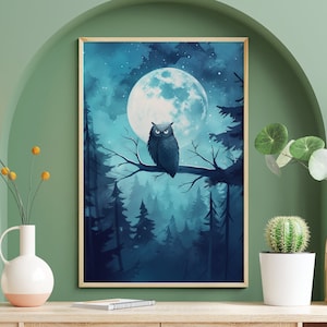 Poster del gufo saggio della foresta al chiaro di luna, arte della parete degli uccelli, regalo per gli amanti degli uccelli, stampe ad acquerello, pittura di paesaggi, arredamento dell'asilo nido, carta da parati stravagante