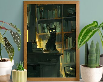 Reading Room Mystical Cat Poster, Black Cat Wall Art, Funny Kitten Print, Book Lover Gift, Library Decor, Dark Academia, Librarian Present