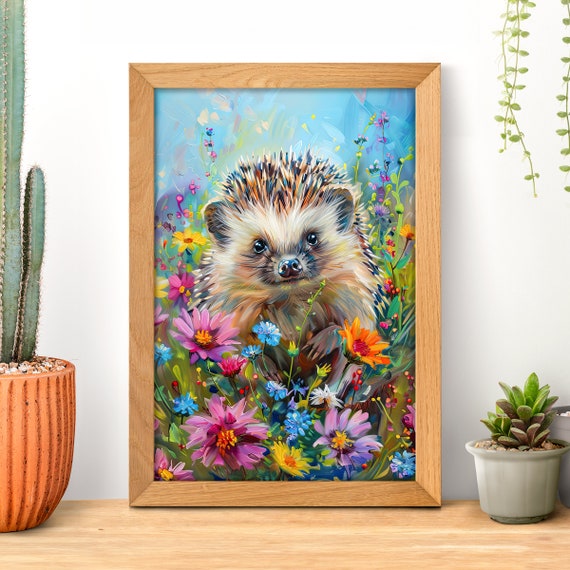 カラフルなハリネズミの原画　27.3×22cmキャンバス　現代アート　絵画 ワイルドフラワーフィールドのかわいいハリネズミのポスター、面白い