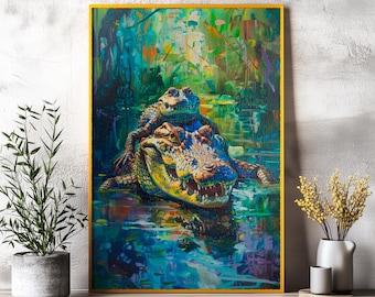 Swamp Wildlife Crocodile Family Jigsaw Puzzle, Mom And Baby Animal Wall Art Nursery Decor