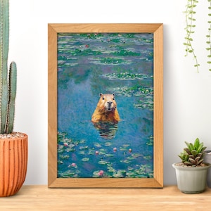 Poster Capybara Monet nénuphars, peinture à l'huile originale, art mural nature vintage, décoration de chambre drôle, affiches de décoration intérieure, imprimé floral
