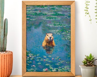 May include: A framed print of a capybara swimming in a pond of water lilies. The capybara is looking directly at the viewer. The water lilies are painted in a style reminiscent of Claude Monet's water lily paintings.