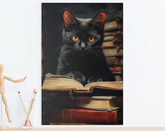Black Cat Reading Book Canvas Wall Art, Matte Stretched Canvas, Funny Kitten Print, Cat Lover, Gothic Decor, Dark Academia, Librarian Gift