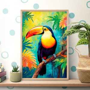 Tropischer Dschungel buntes Tukan Poster, Vintage Vogel Wandkunst, Tukan Liebhaber Geschenk, Forestcore Dekor, Waldvogel Tapete, Retro Vögel Druck
