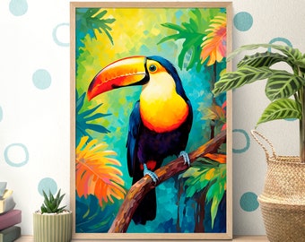 Tropical Jungle Colorful Toucan Poster, Vintage Bird Wall Art, Toucan Lover Gift, Forestcore Decor, Forest Bird Wallpaper, Retro Birds Print