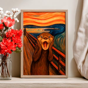 May include: Framed art print featuring a brown otter with a wide open mouth and hands on its cheeks, mimicking the iconic 'The Scream' painting. The background includes a bridge, a figure, and a swirling orange and blue sky.