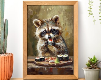 Japanese Sushi Lover Raccoon Poster, Funny Trash Panda Print, Wildlife Wall Art, Animal Nursery, Portrait Painting, Sushi Decor, Japan Food