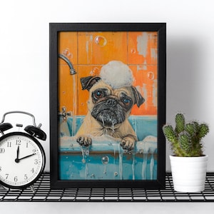 Bathtub Bubble Bath Pug Jigsaw Puzzle, 110/252/520/1014 Pcs, Kids Adults Puzzle, Family Activity, Bathroom Wall Art, Pet Dog In Toilet Print