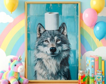 Gray Wolf with Toilet Paper Jigsaw Puzzle, Whimsical Bathroom Animal Wall Art Decor