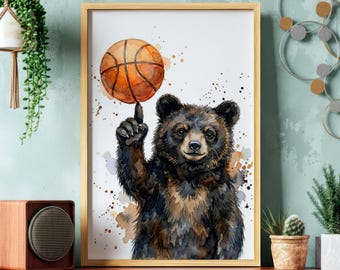 Póster de oso de baloncesto giratorio, acuarela, animal deportivo, arte de pared, decoración infantil