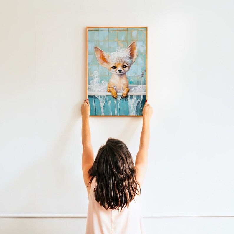May include: A painting of a fennec fox taking a bath in a blue bathtub with white bubbles. The fox has a white towel on its head and is looking at the viewer.