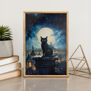 Night Sky Cat Jigsaw Puzzle, 110/252/520/1014 Piece, Kids Adults Puzzle, Puzzle Wall Decor, Family Activity, Black Cat Art, Dark Academia