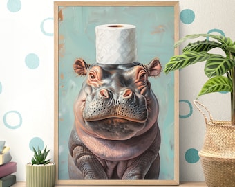 Bathroom Toilet Paper Hippo Poster, Funny Hippo Print, Hippo Lover Gift, Wildlife Nursery, Baby Animal Portrait, Toilet Wall Art, Bath Decor