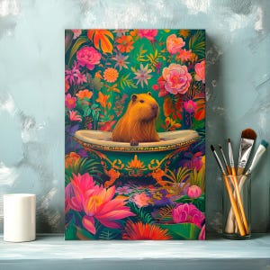 Art mural floral pour baignoire, baignoire Capybara, impression mate de 0,75 po., amateur de fleurs, pépinière d'animaux sauvages, décoration de salle de bain