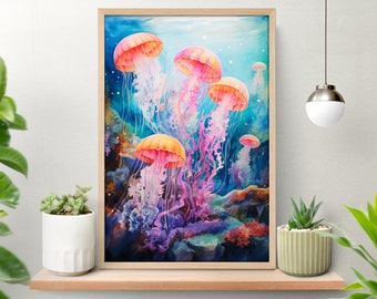 Jellyfish Coral Reef Poster, Vintage Ocean Prints, Home Decor Wall Art, Sea Animals Nursery Posters, Coral Seaweed, Watercolor Wallpaper Art