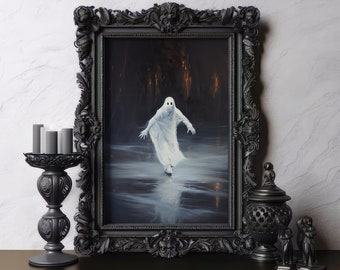 Ice Skating Haunting Ghost Poster, Vintage Horror Art Print, Spooky Ghost Art, Dark Academia, Gothic Victorian Home Decor, Halloween Unique
