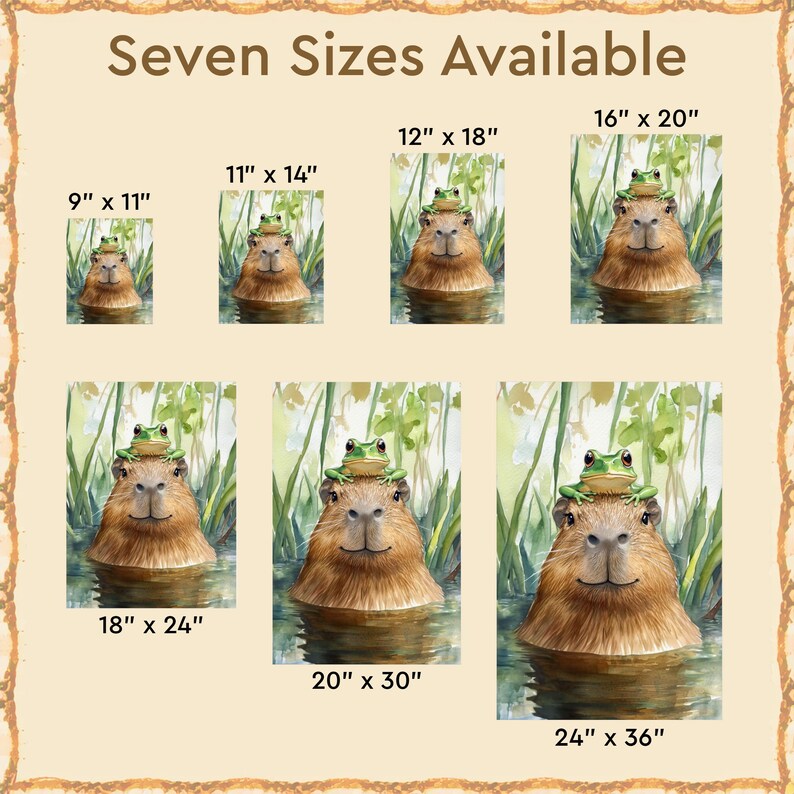 Joyful Capybara and Frog Poster, Funny Water Hog, Herbivore Lover
