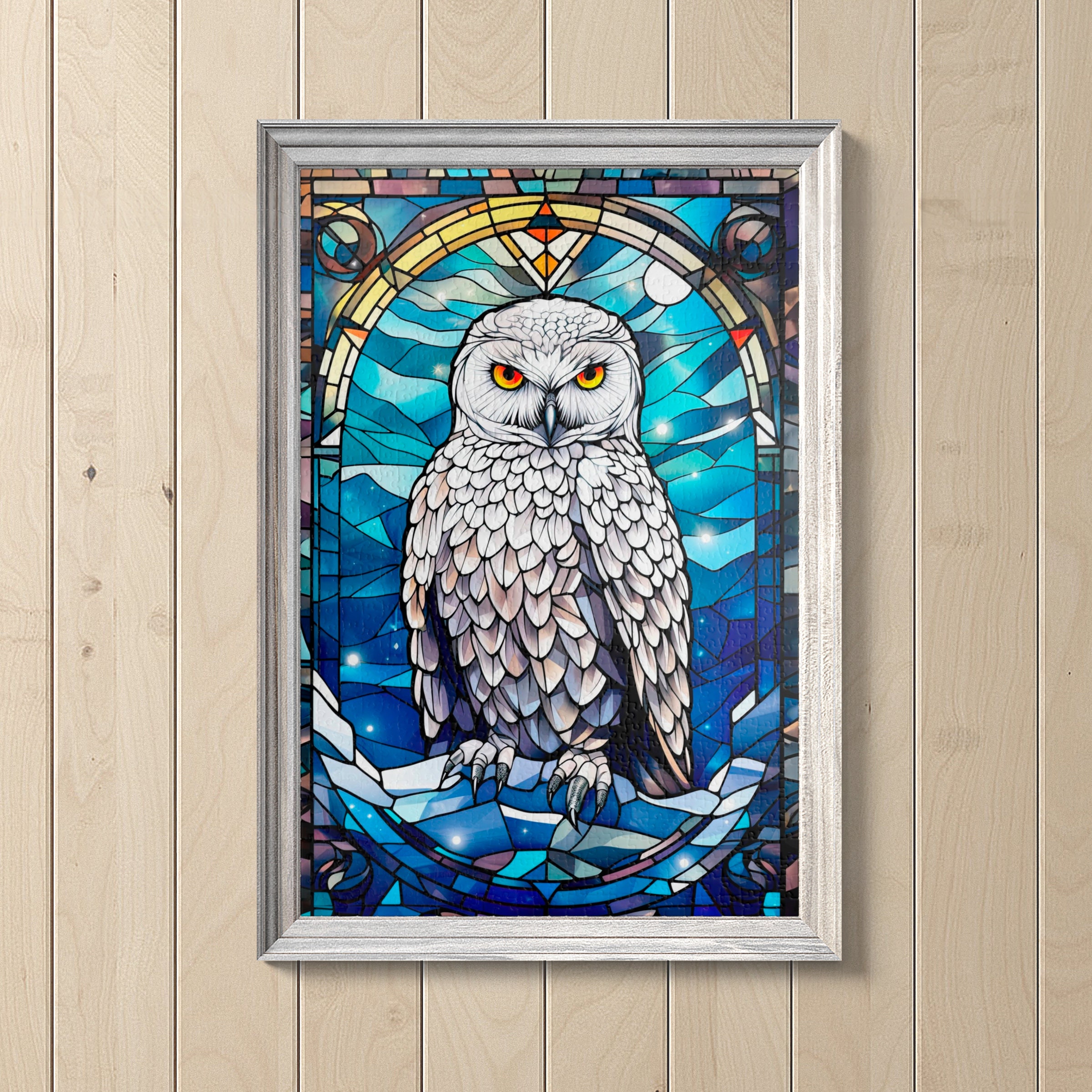 Stained Glass White Owl Jigsaw Puzzle, 110/252/520/1014 Pcs, Kids Adults Puzzle, Snowy Owl Wall Deco