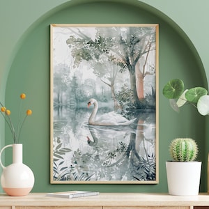 Nature Lake Majestic Schwan Poster, eleganter weißer Schwan, Schwan-Liebhaber, Tier-Kinderzimmer, Vintage Vogel-Wand-Kunst, Waldkern-Dekor, Retro Vögel Druck