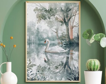 Nature Lake Majestic Swan Poster, Elegant White Swan, Swan Lover, Animal Nursery, Vintage Bird Wall Art, Forestcore Decor, Retro Birds Print