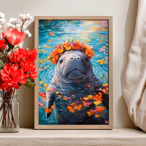 Affiche florale de lamantin mignon de couronne, art mural de lamantin de Floride, amant de vache de mer, impression de vie marine, pépinière d'animaux aquatiques, décor de fleur bohème