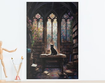 Library Reading Cat Canvas Wall Art, Matte Stretched Canvas, Black Cat Print, Watercolor Decor, Book Lover, Dark Academia, Librarian Gift